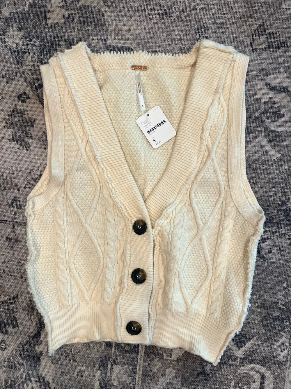 Free People Cream Cable-Knit Button Front Sweater Vest